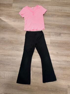 Kids Black Flare Leggings and pink striped tee